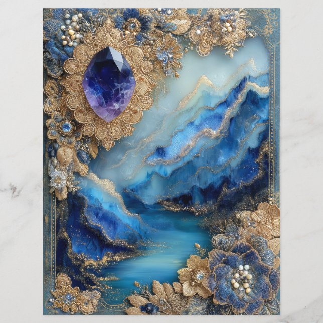 Blue Gold Landscape Junk Journal Scrapbook Paper (Front)