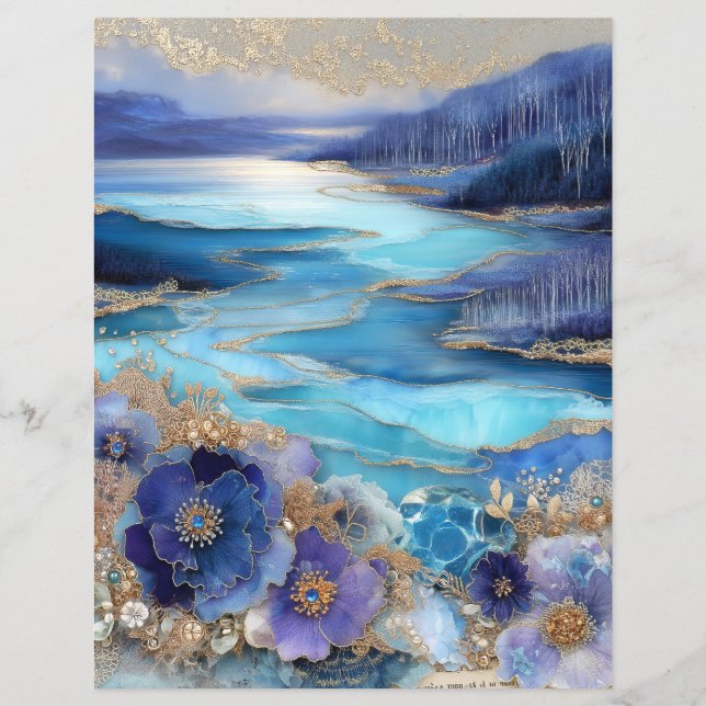 Blue Gold Landscape Junk Journal Scrapbook Paper (Front)