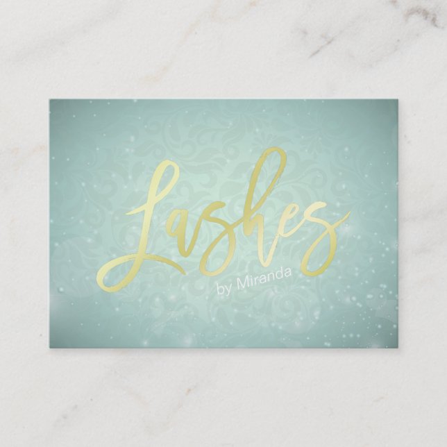 Blue Gold Lashes Script Makeup Appointment Card (Front)
