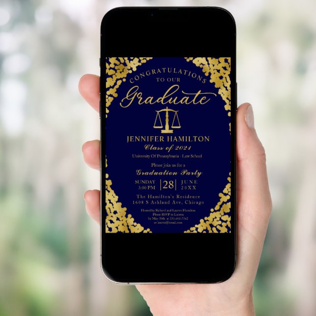 Blue Gold Law School Graduation Party Invitation (Front Digital)