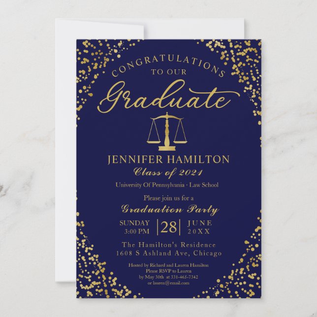 Blue Gold Law School Graduation Party Invitation (Front)