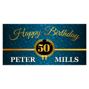 Blue Gold Leaf Birthday Banner Party Decor-Any Age