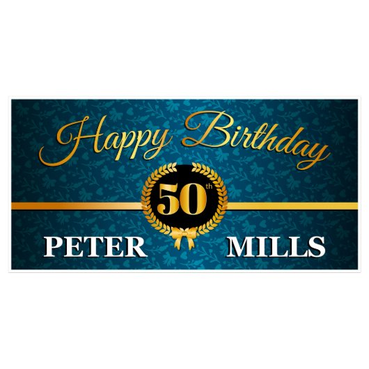 Blue Gold Leaf Birthday Banner Party Decor-Any Age (Front)