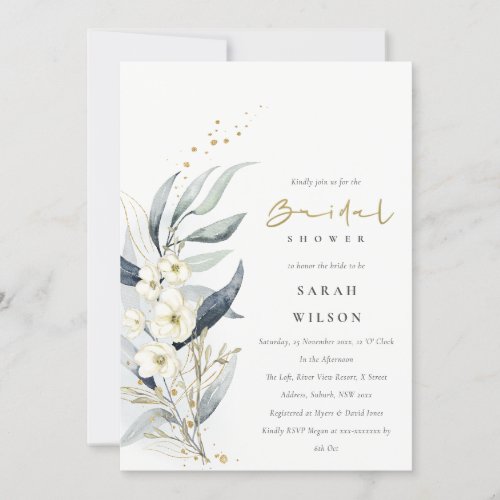 Blue Gold Leafy Botanical Floral Bridal Shower Invitation