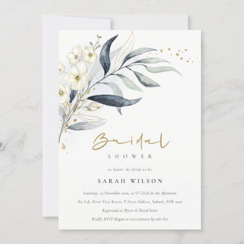 Blue Gold Leafy Botanical Floral Bridal Shower Invitation