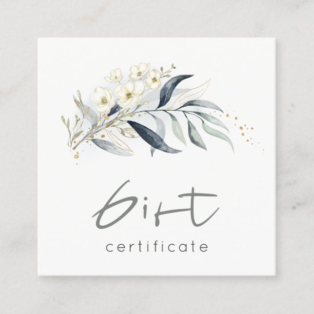 Blue Gold Leafy Botanical Floral Gift Certificate (Front)
