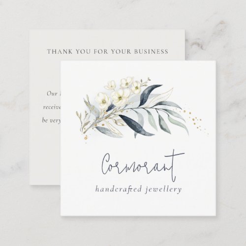 Blue Gold Leafy Botanical Floral Review Request  Square Business Card