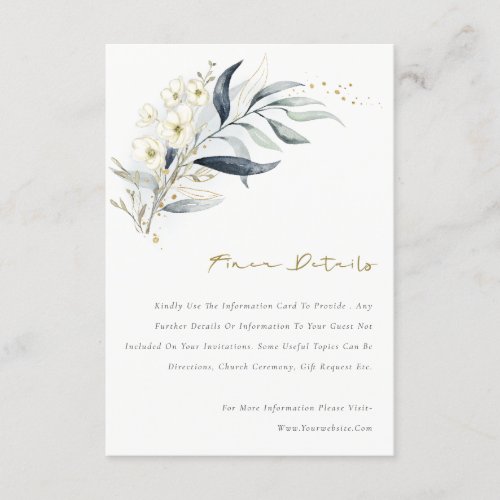 Blue Gold Leafy Botanical Floral Wedding Details Enclosure Card