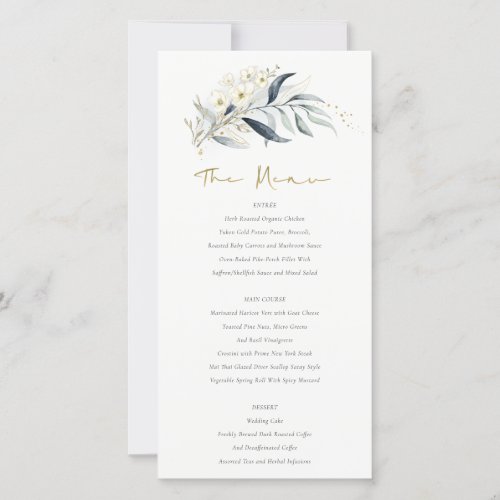 Blue Gold Leafy Botanical Floral Wedding Menu Card