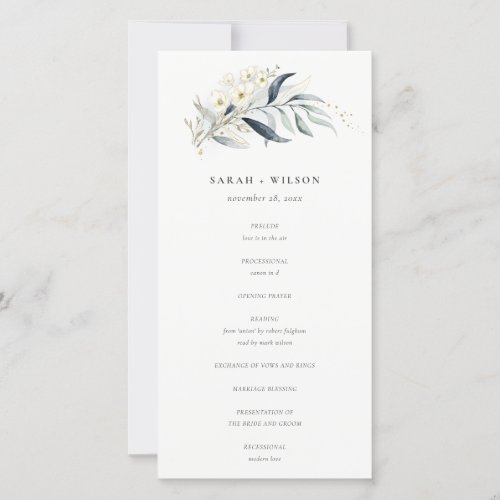 Blue Gold Leafy Botanical Floral Wedding Program