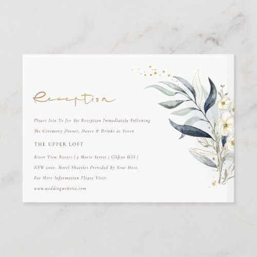 Blue Gold Leafy Botanical Floral Wedding Reception Enclosure Card