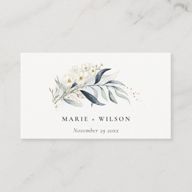 Blue Gold Leafy Botanical Floral Wedding Website Enclosure Card (Front)