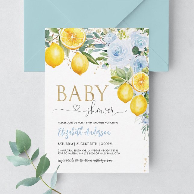 Blue & Gold Lemon Baby Shower Invitation (Creator Uploaded)