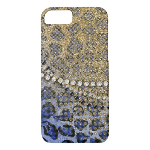 Blue Gold Leopard Animal Print Glitter Look Jewel iPhone 87 Case