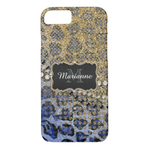 Blue Gold Leopard Animal Print Glitter Look Jewel iPhone 87 Case