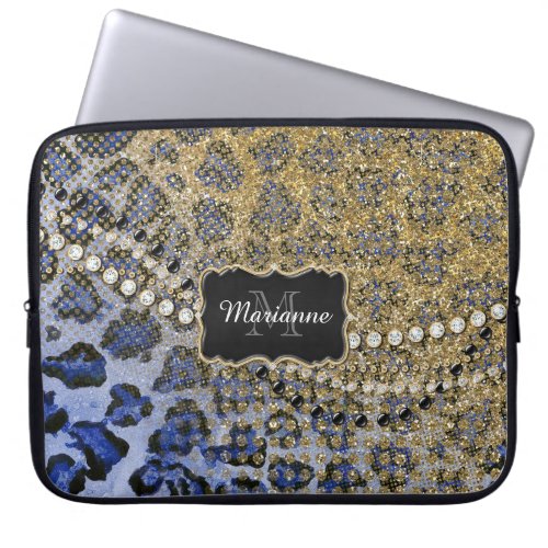 Blue Gold Leopard Animal Print Glitter Look Jewel Laptop Sleeve