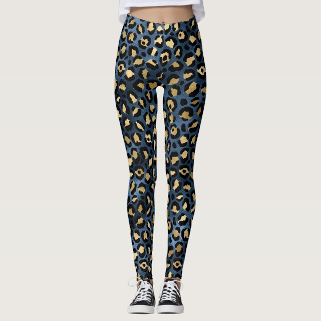 Blue & Gold Leopard Leggings (Front)