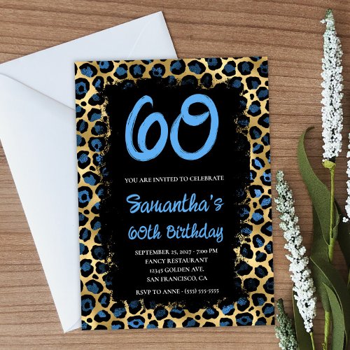 Blue Gold Leopard Painted Black 60th Birthday Invitation