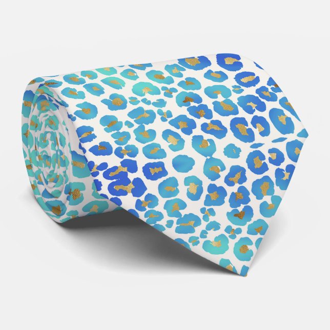 Blue Gold Leopard Pattern Neck Tie (Rolled)