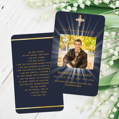 Blue gold light photo cross funeral prayer card