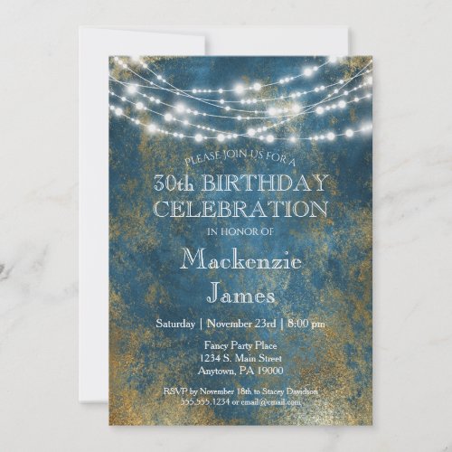 Blue Gold Lights Birthday Party Invitation Adult