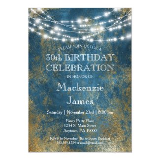 Blue Gold Lights Birthday Party Invitation Adult