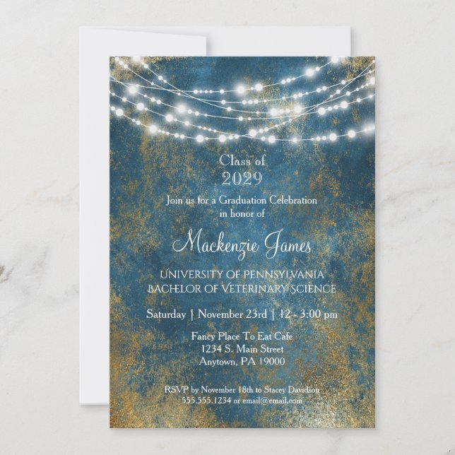 Blue Gold Lights Graduation Party Invitation (Front)