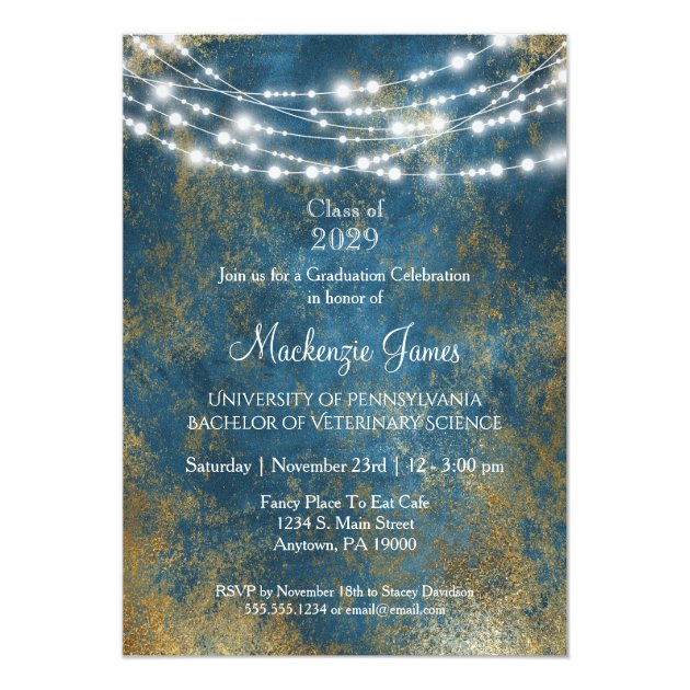 Blue Gold Lights Graduation Party Invitation