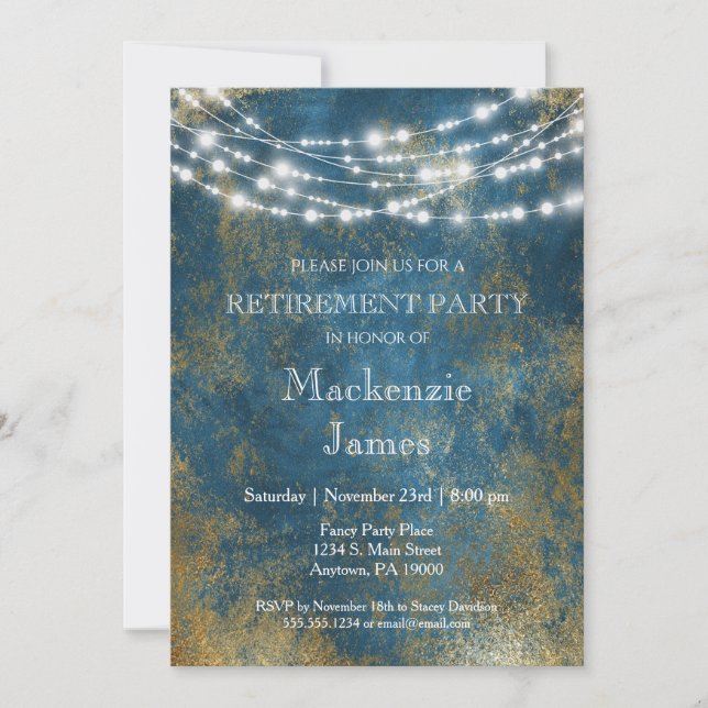 Blue Gold Lights Retirement Party Invitation (Front)