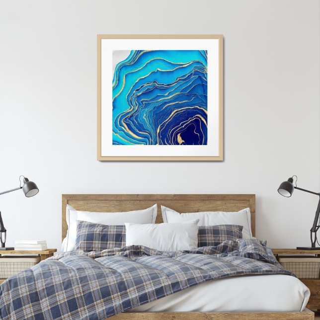 Blue Gold Liquid Painting Fluid Art Abstract Framed Art (Bedroom)