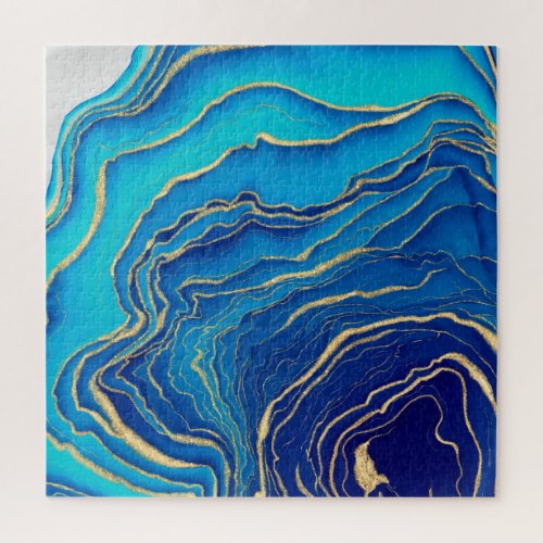 Blue Gold Liquid Painting Fluid Art Abstract Jigsaw Puzzle