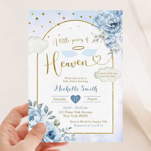 Blue Gold Little Pieces of Heaven Baby Shower Invitation