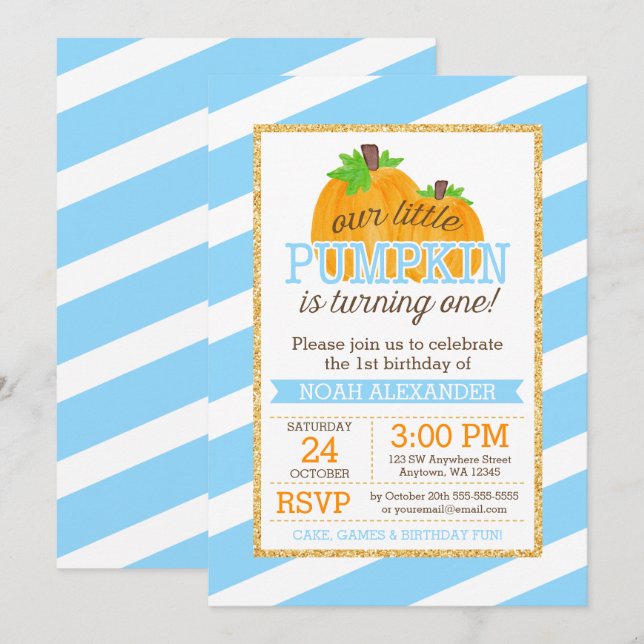 Blue Gold Little Pumpkin Boy First Birthday Invitation (Front/Back)