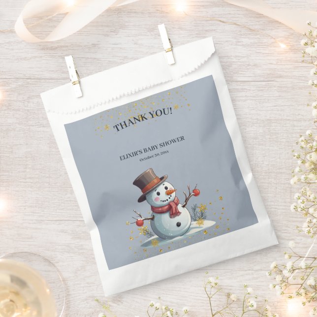Blue & Gold Little Snowflakes Snowman Baby Shower Favor Bag (Clipped)