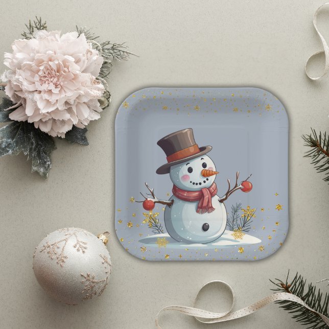 Blue & Gold Little Snowflakes Snowman Baby Shower Paper Plates (Creator Uploaded)