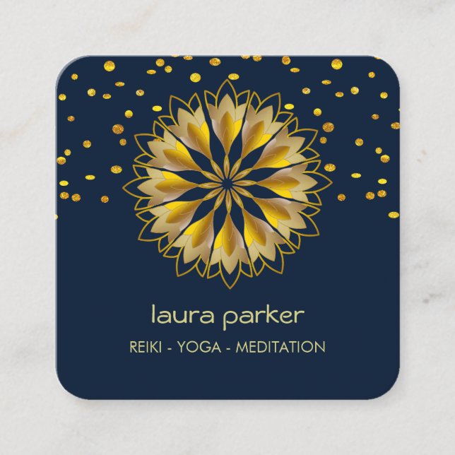 Blue Gold Lotus Flower Yoga Holistic Meditation  Square Business Card (Front)