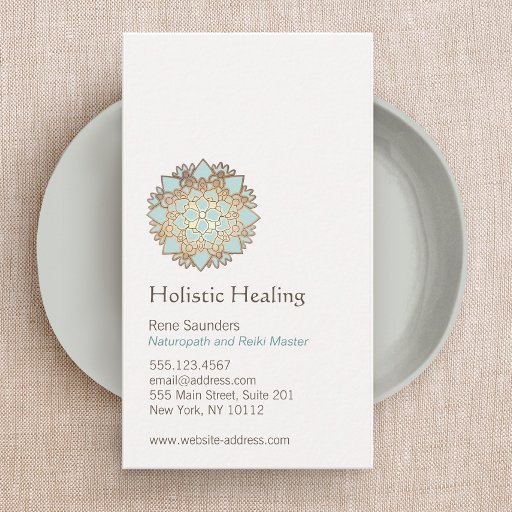 Customizable Blue Gold Lotus Healing Arts and Natural Healing Business Card Template