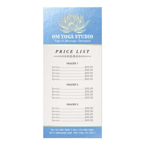 Blue Gold Lotus YOGA Reiki Instructor Price List Rack Card