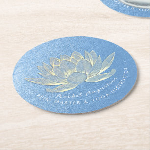 Blue Gold Lotus Yoga Studio Meditation Instructor Round Paper Coaster