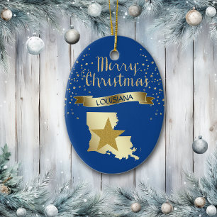Blue Gold Louisiana Star Ceramic Ornament