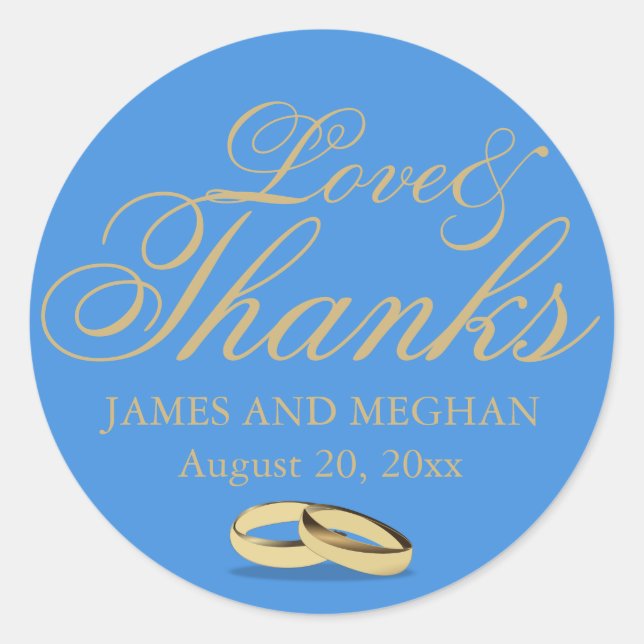 Blue & Gold, Love & Thanks, Personalized Wedding Classic Round Sticker (Front)