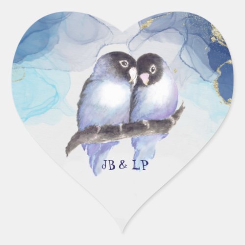  Blue Gold Lovebirds Bird Heart Monogram  Heart Sticker