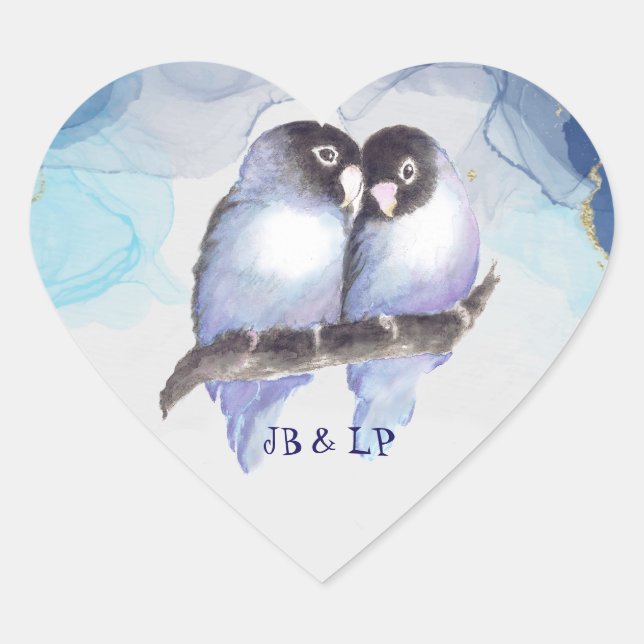  Blue Gold Lovebirds, Bird Heart Monogram  Sticker (Front)