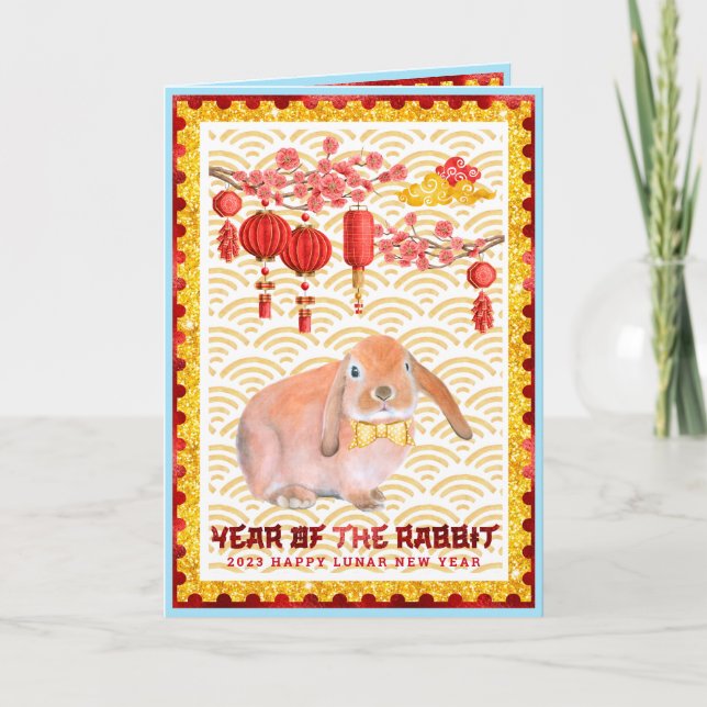 Blue Gold Lunar New Year of the Rabbit Photo Card (Front)