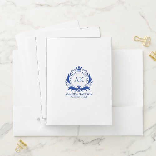 Blue Gold Luxury Crown Wedding Monogram Pocket Folder
