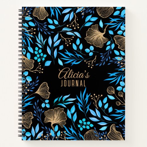 Blue Gold Luxury Floral Watercolor Notebook