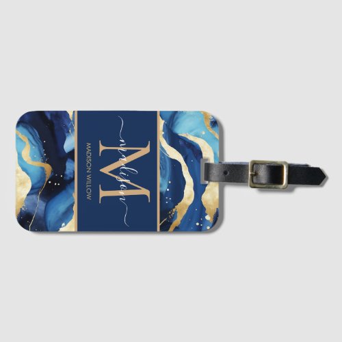 Blue Gold Mable Modern Monogram Script Name Luggage Tag