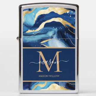 Blue Gold Mable Modern Monogram Script Name Zippo Lighter