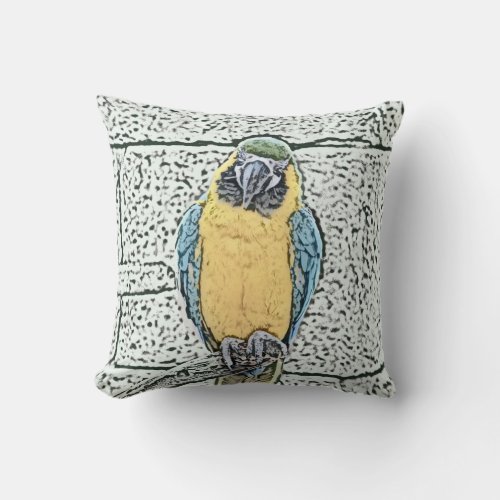 blue gold macaw on perch watercolor throw pillow