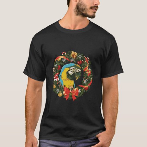 Blue Gold Macaw Parrot Christmas Wreath T_Shirt